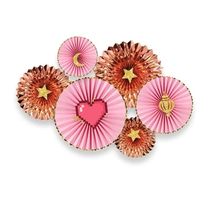 Détail de ventilateurs en papier rose et or rose avec décors d'étoiles et de lunes