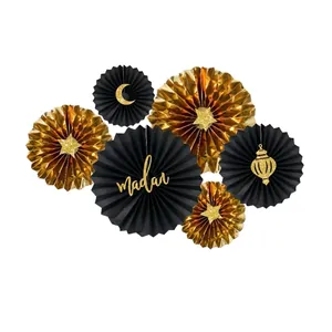 Set de 6 éventails en papier noir et or avec étoiles et lune pour décoration de fête