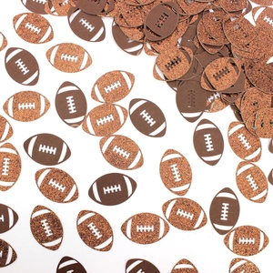 Glitter and brown football confetti for sports party table decoration and baby shower