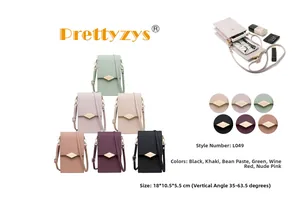 Detail showing multi-color mini crossbody bags with diamond hardware and size dimensions