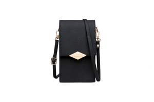 Detail of black crossbody phone bag with diamond quilted texture and gold logo plaque