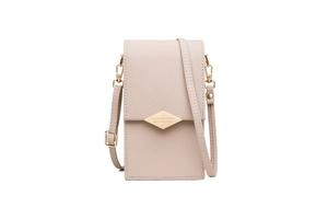 Detail view of mini apricot crossbody phone bag featuring diamond pattern and gold hardware