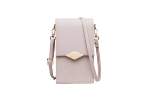 Close-up of pink PU leather phone bag featuring quilted pattern and gold diamond buckle