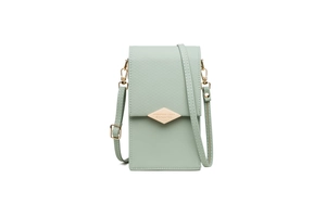 Detail of mint green quilted leather phone bag with light gold hardware and adjustable strap