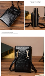 Détails du cuir ciré vintage et des compartiments à double fermeture éclair du sac de téléphone
