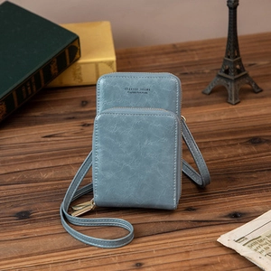 Détail du sac de téléphone en cuir ciré à grande capacité avec double fermeture éclair bleu