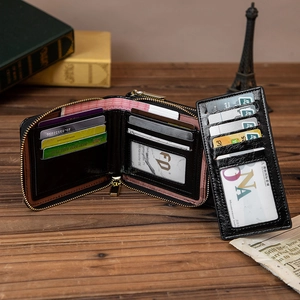 Portefeuille multifonction en cuir noir avec fermeture éclair, fentes pour cartes et style vintage
