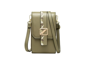 Detail of olive green PU phone bag with floral print strap and golden leaf metal buckle