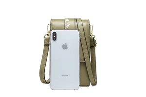 Detailed view of an olive green crossbody phone bag with leaf texture and iPhone for scale