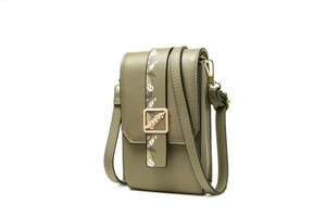Detailed side view of an olive green vertical crossbody phone bag with leaf buckle