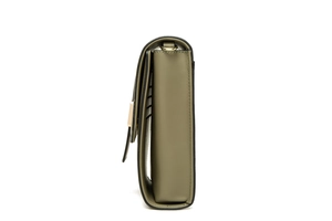 Side view of olive green PU leather crossbody bag showing layered interior structure