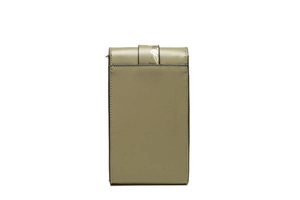 Olive green PU leather crossbody phone bag with leaf print buckle and black edge detail