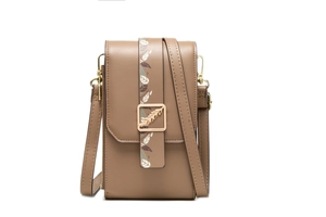 Detail of khaki PU leather crossbody phone bag with gold leaf-shaped metal buckle clasp