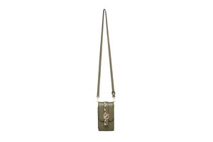 Detail of dark green textured leather phone bag with leaf embroidery and gold buckle