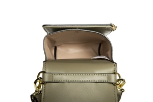 Detailed top view of olive green mini phone bag interior with dual compartments