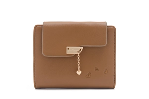 Close-up of caramel leather trifold wallet featuring golden heart pendant and embroidery