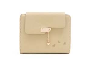 Detail of beige trifold wallet with heart pendant and delicate heart embroidery