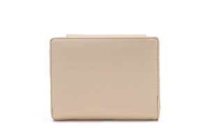 Close-up of beige trifold wallet featuring precise stitching and minimalist faux leather