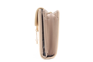 Detailed side view of beige tri-fold wallet with zipper pocket and heart pendant