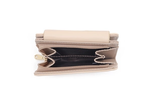 Close-up of the beige wallet featuring a gold metal zipper and neat stitching details