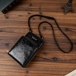 Grand sac bandoulière vintage en cuir noir pour téléphone avec double fermeture éclair