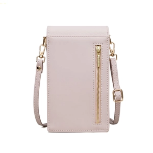 Pink crossbody phone bag with diamond texture, vertical zipper and adjustable strap