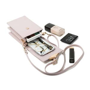 Pale pink leather mini crossbody phone bag with adjustable strap and interior storage