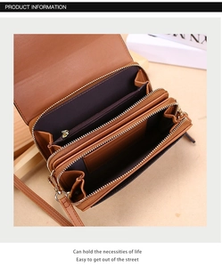 Interior view of brown multi-functional purse showing card slots and compartments