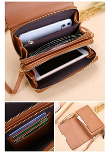 Detailed view of the multi-compartment brown wallet with card slots and phone storage