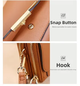 Detail of caramel lychee leather bag showing golden snap closure and metal side hooks