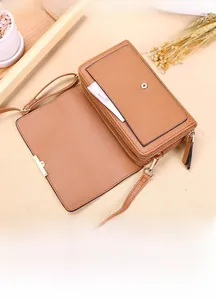 Brown PU leather long wallet with multi-layer zipper compartments and shoulder strap