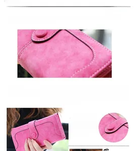 Detail of pink matte wallet showing soft waterproof fabric and neat stitching with button