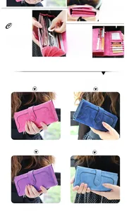 Detail of multi-slot interior and four color variants of this long frosted wallet