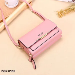 Pink multipurpose long wallet with metal trim detail and detachable shoulder strap