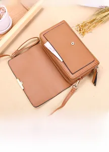 Detail of a brown multi-functional crossbody wallet with snap flap and card slots