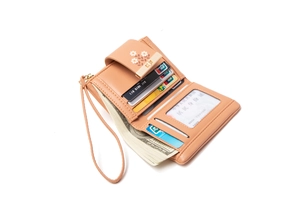 Short PU leather wallet with wrist strap showing multiple card slots and cash compartment