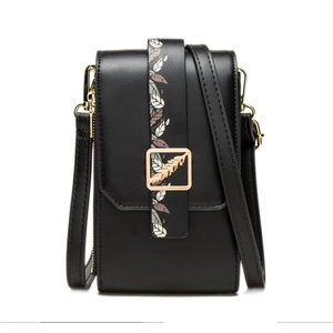 Women PU Leather Cellphone Crossbody Bag With Leaf Pattern Print And Gold Buckle Multi-layer Vertical Small Shoulder Bag
