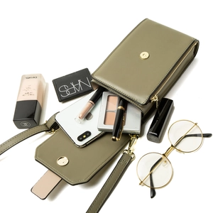 Olive green minimalist crossbody phone bag with magnetic flap and smooth leather texture