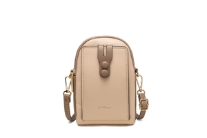 Close-up of beige leather crossbody phone bag with dark brown strap and gold metal hardware