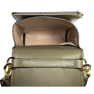 Olive green mini crossbody phone bag with gold metal hooks and spacious interior