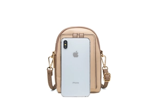 Detailed view of khaki pebbled leather crossbody bag showing internal capacity for a smartphone