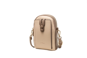 Detailed side view of beige and brown leather mini crossbody phone bag with gold hardware