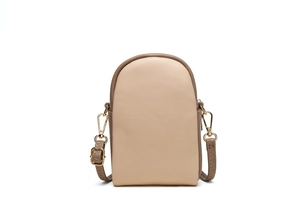 Close-up of minimalist beige crossbody phone bag with gold hooks and taupe edges