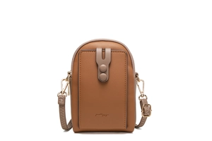 Detailed view of brown lychee grain leather crossbody bag with stitching and gold hooks