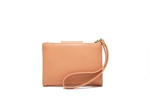Detailed view of light brown pebbled PU leather wallet with gold zipper and wrist strap