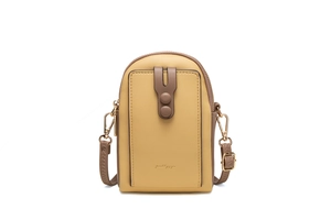 Close-up of stylish mustard yellow leather phone bag with brown strap and dual buttons