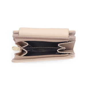 Short tri-fold beige leather wallet for women with heart pendant and multi-card slots