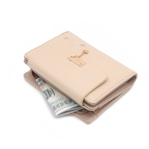 Short tri-fold beige wallet for women with heart pendant and multi-card slots