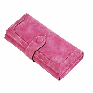 Vintage rose pink long wallet for women with matte texture and decorative stitching
