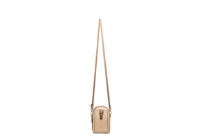 Close-up of khaki crossbody phone bag with buckle detail and textured PU leather
